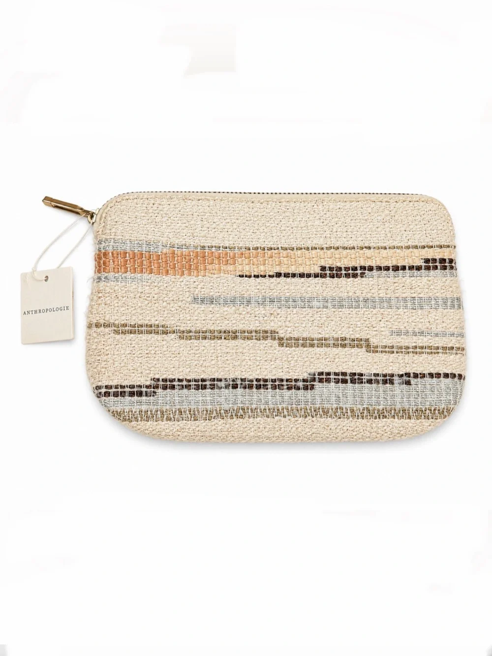 Anthropologie Woven Stripe Zip Pouch in Cream and Neutral Stripes